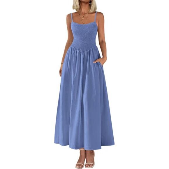 None Dresses & Skirts - Women's Smocked | Maxi Dress | 2025 Summer | Beach Sundress | Casual | Blue